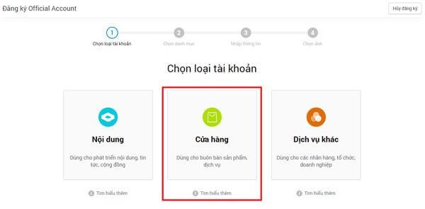 Chọn loại tài khoản Zalo Shop